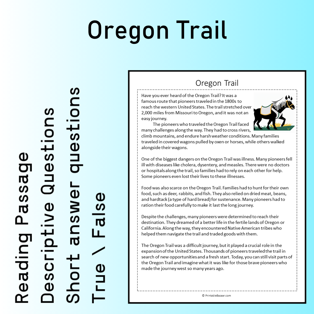 Oregon Trail | Reading Comprehension Passage Printable Worksheet