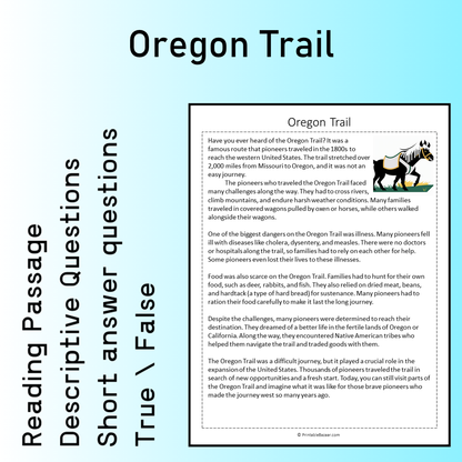 Oregon Trail | Reading Comprehension Passage Printable Worksheet