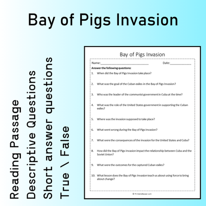 Bay of Pigs Invasion | Reading Comprehension Passage Printable Worksheet