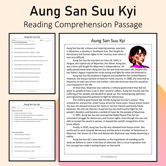 Aung San Suu Kyi | Reading Comprehension Passage Printable Activity