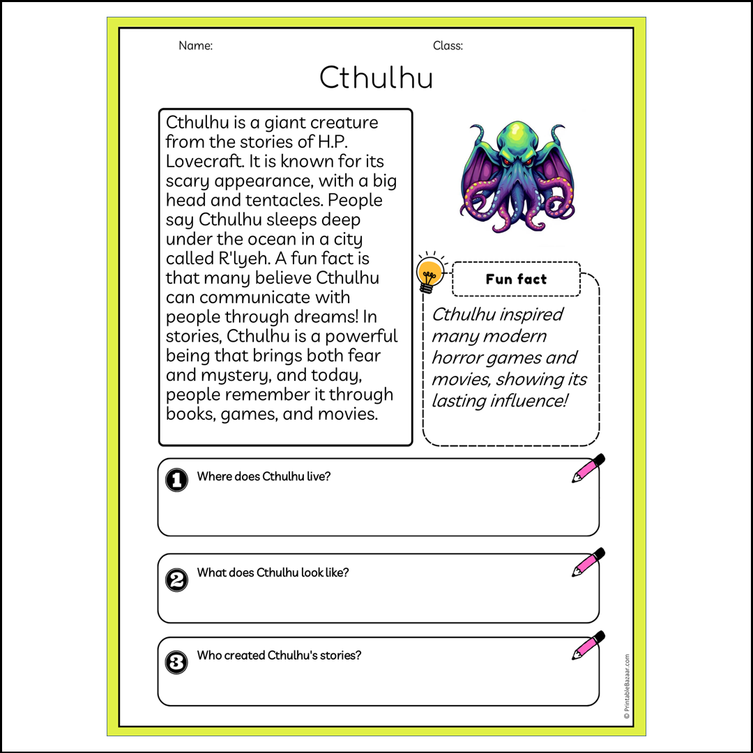 Cthulhu | Reading Passage Comprehension Questions Writing Facts Worksheet