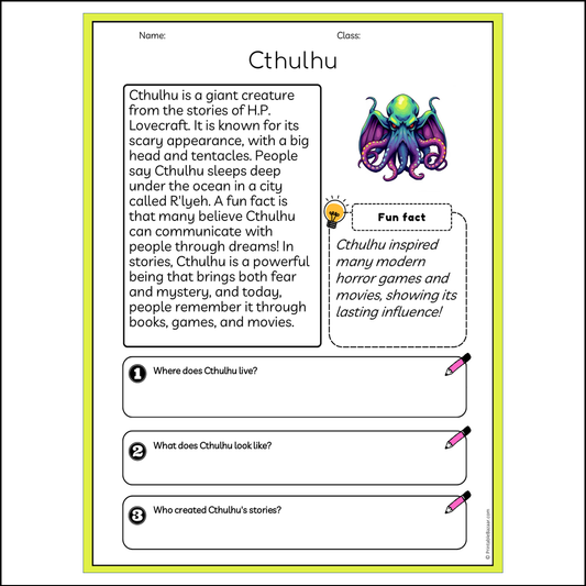 Cthulhu | Reading Passage Comprehension Questions Writing Facts Worksheet