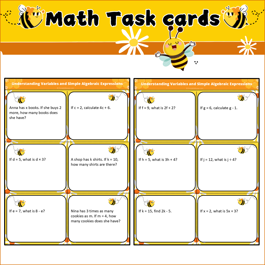 Understanding Variables and Simple Algebraic Expressions | Math Task Cards