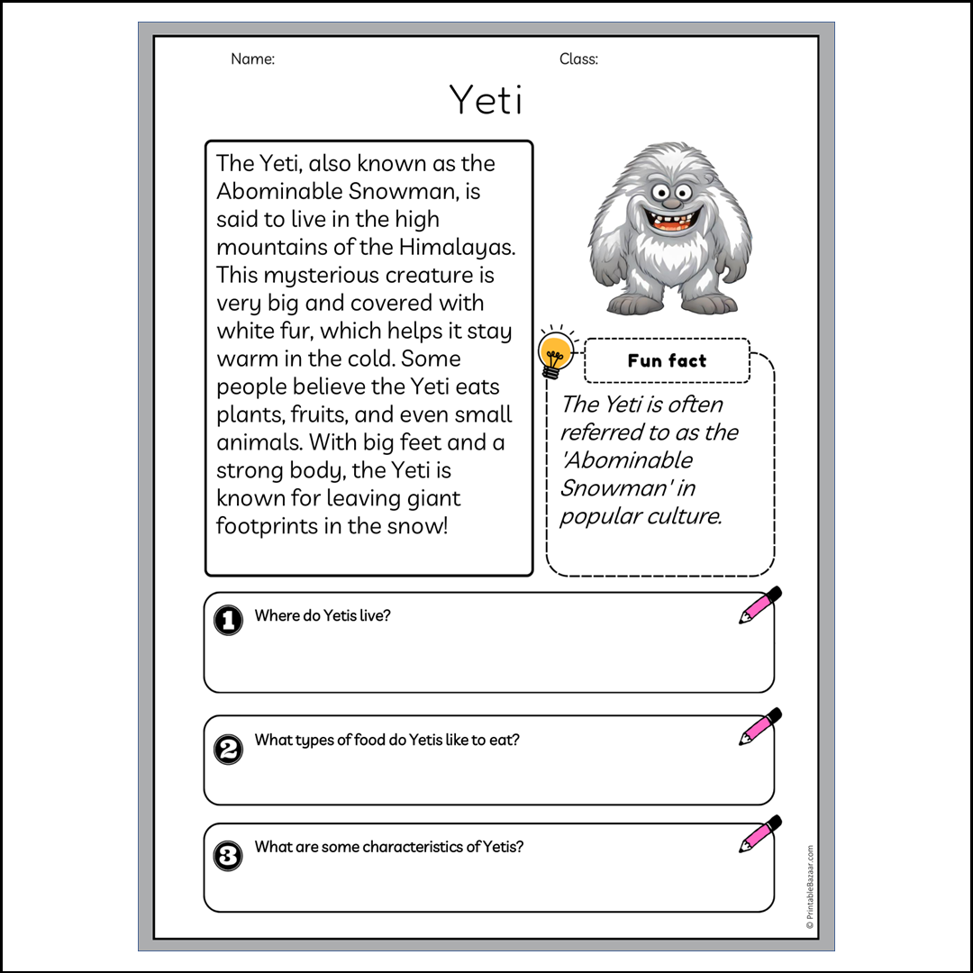 Yeti | Reading Passage Comprehension Questions Writing Facts Worksheet