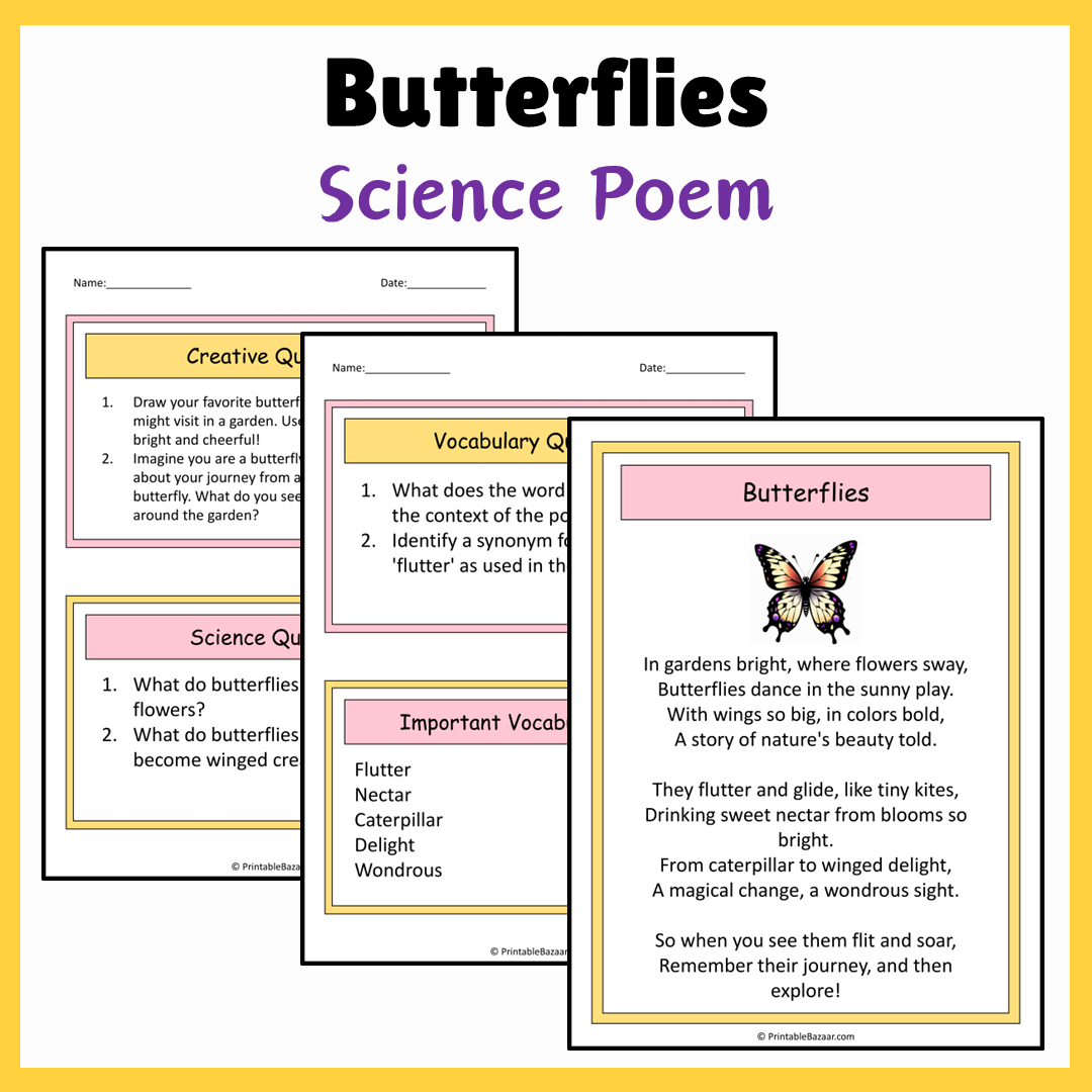 Butterflies | Science Poem Reading Comprehension Activity