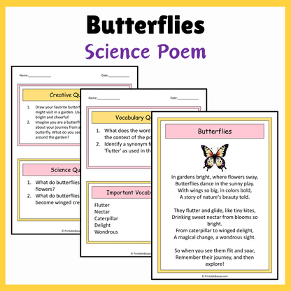 Butterflies | Science Poem Reading Comprehension Activity