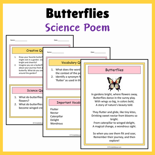 Butterflies | Science Poem Reading Comprehension Activity