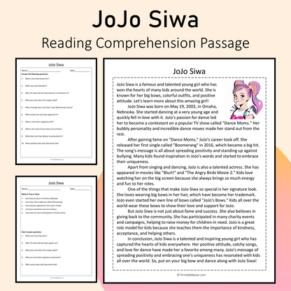 JoJo Siwa | Reading Comprehension Passage Printable Activity