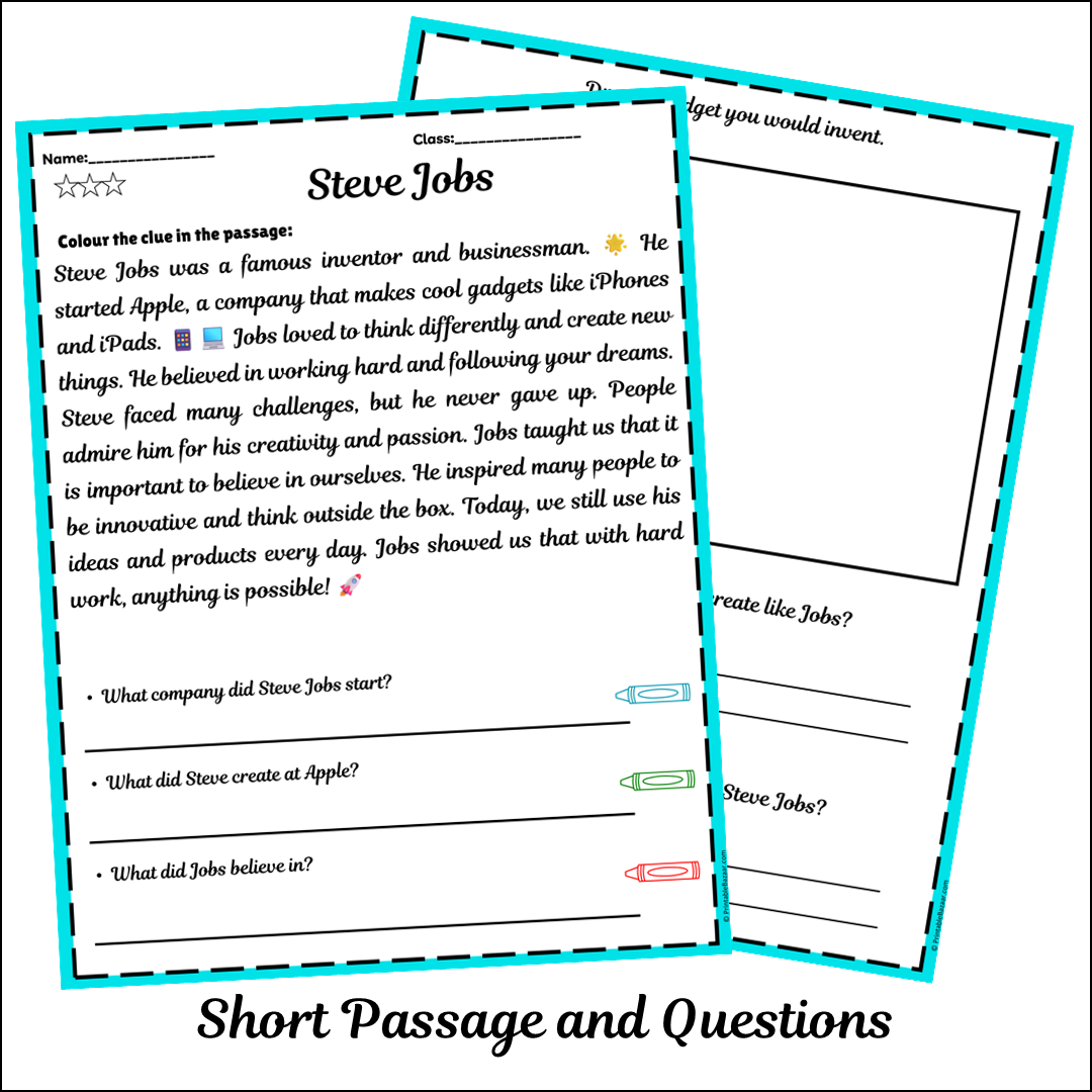 Steve Jobs | Short Reading Comprehension Creative Worksheet