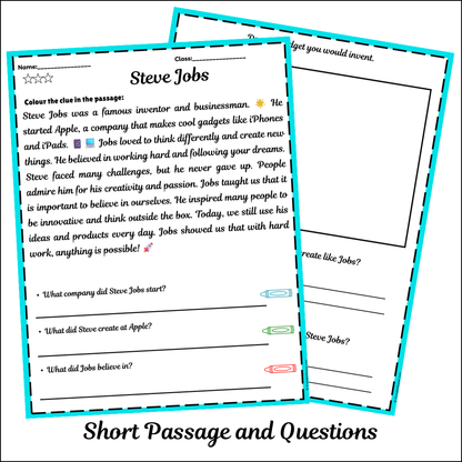 Steve Jobs | Short Reading Comprehension Creative Worksheet