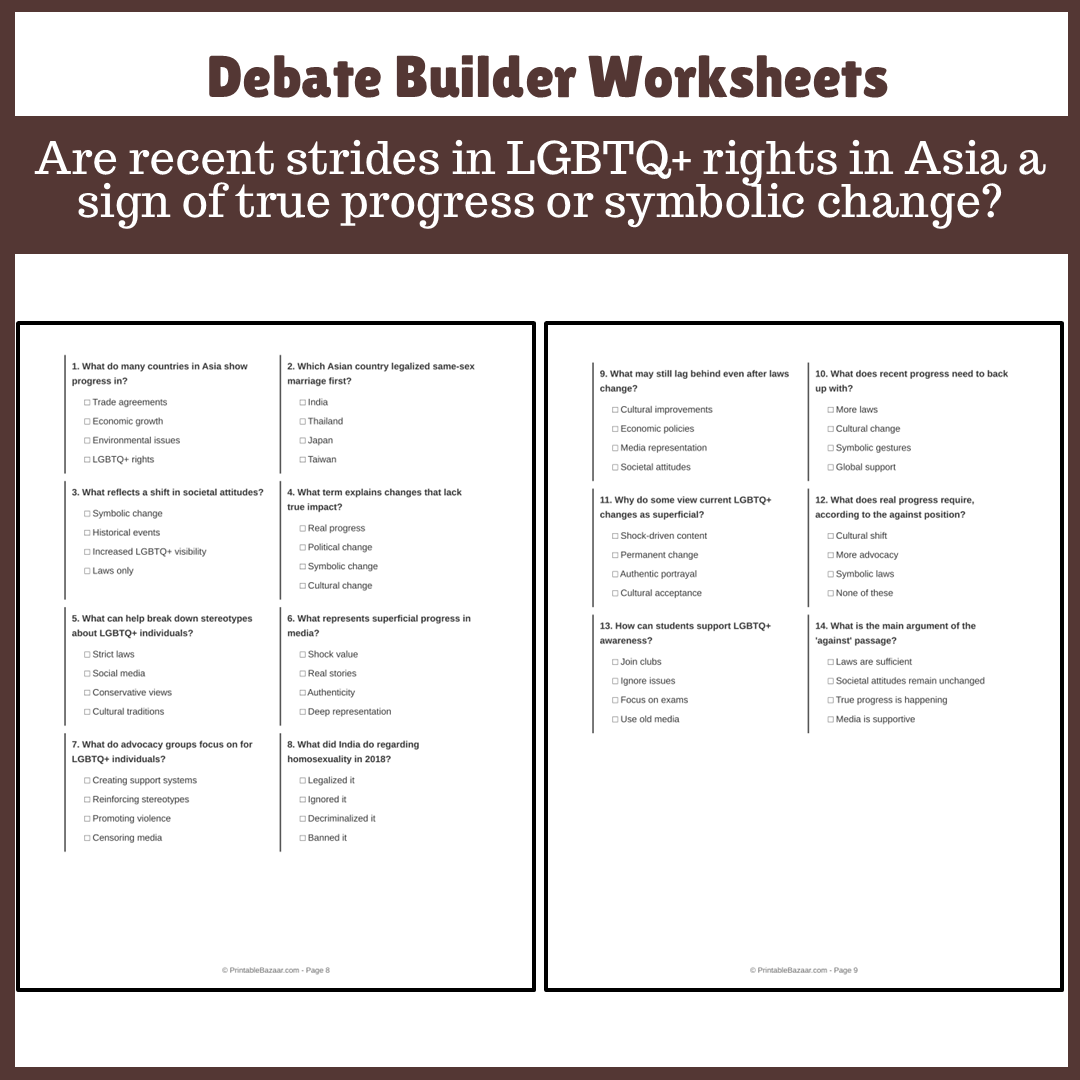 Are recent strides in LGBTQ+ rights in Asia a sign of true progress or symbolic change? | Favour and Against Worksheet Printable Activity