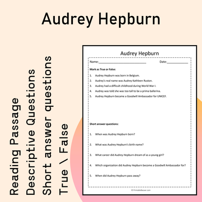 Audrey Hepburn | Reading Comprehension Passage Printable Activity
