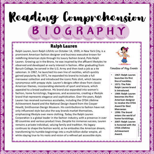 Ralph Lauren | Biography Reading Comprehension and Questions Worksheet