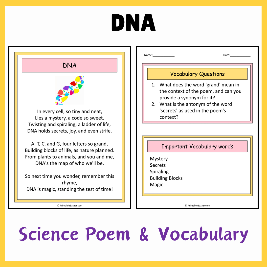 DNA | Science Poem Reading Comprehension Activity