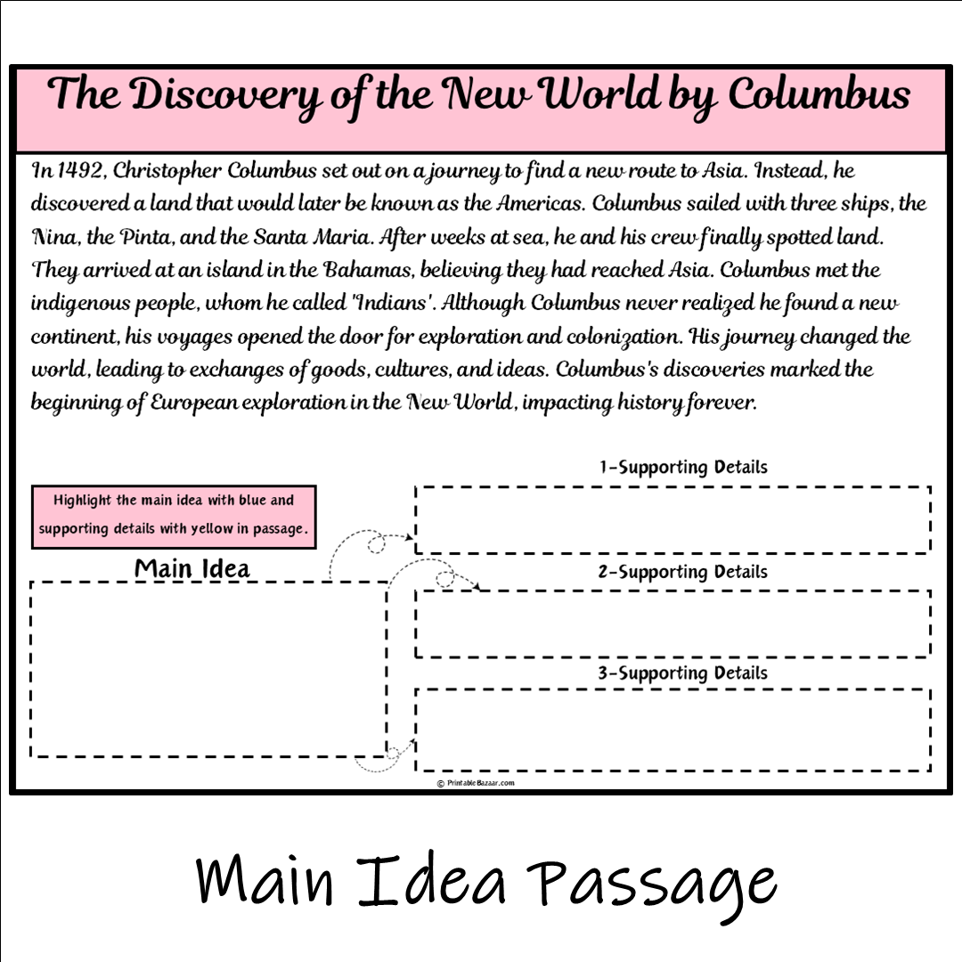 The Discovery of the New World by Columbus | Main Idea and Supporting Details Reading Passage and Questions