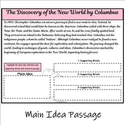 The Discovery of the New World by Columbus | Main Idea and Supporting Details Reading Passage and Questions