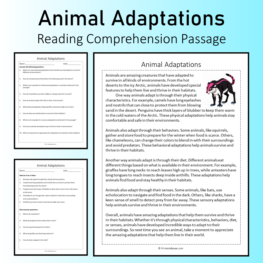 Animal Adaptations | Reading Comprehension Passage Printable Worksheet