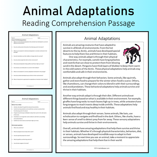 Animal Adaptations | Reading Comprehension Passage Printable Worksheet