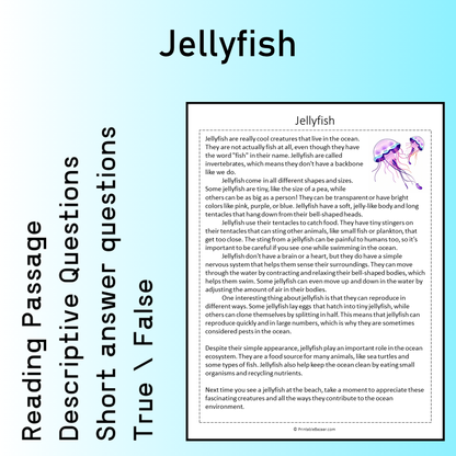 Jellyfish | Reading Comprehension Passage Printable Worksheet