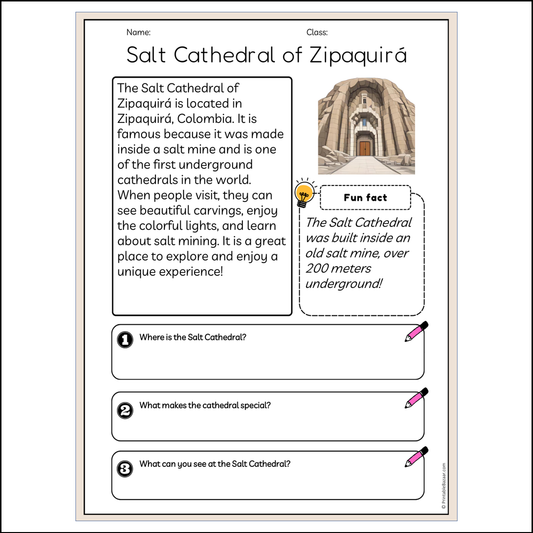 Salt Cathedral of Zipaquirá | Reading Passage Comprehension Questions Writing Facts Worksheet