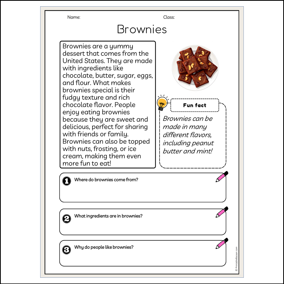 Brownies | Reading Passage Comprehension Questions Writing Facts Worksheet