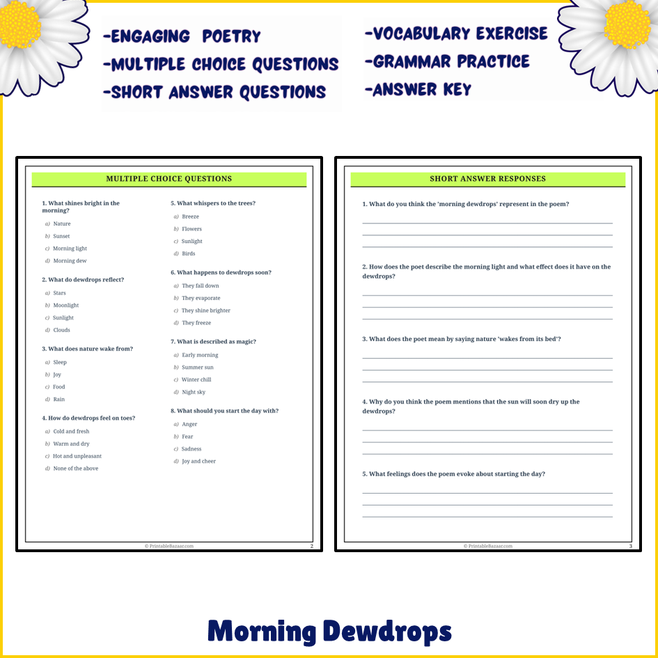 Morning Dewdrops | Poem Grammar Worksheet Printable Activity