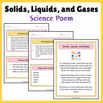 Solids, Liquids, and Gases | Science Poem Reading Comprehension Activity