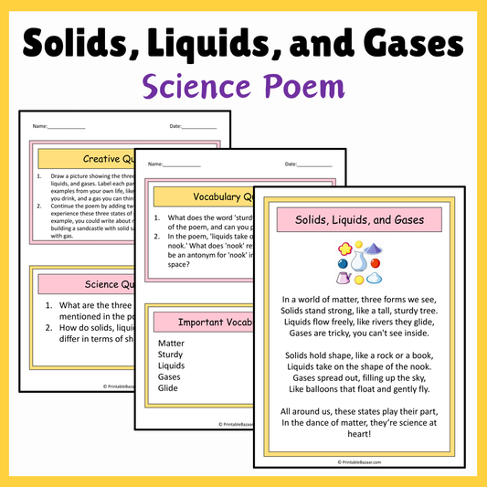 Solids, Liquids, and Gases | Science Poem Reading Comprehension Activity