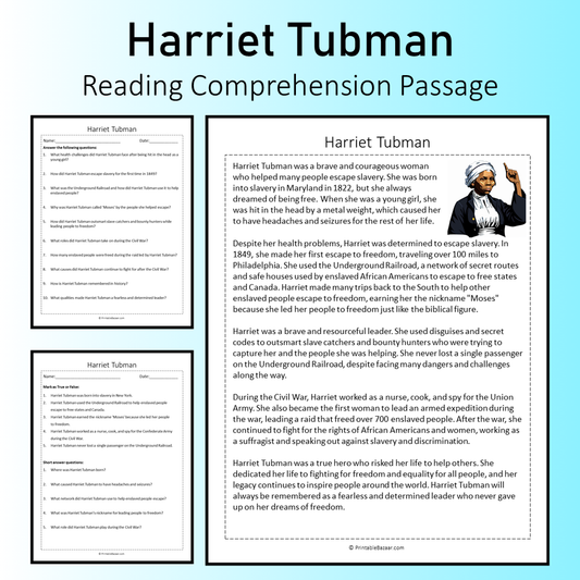 Harriet Tubman | Reading Comprehension Passage Printable Worksheet