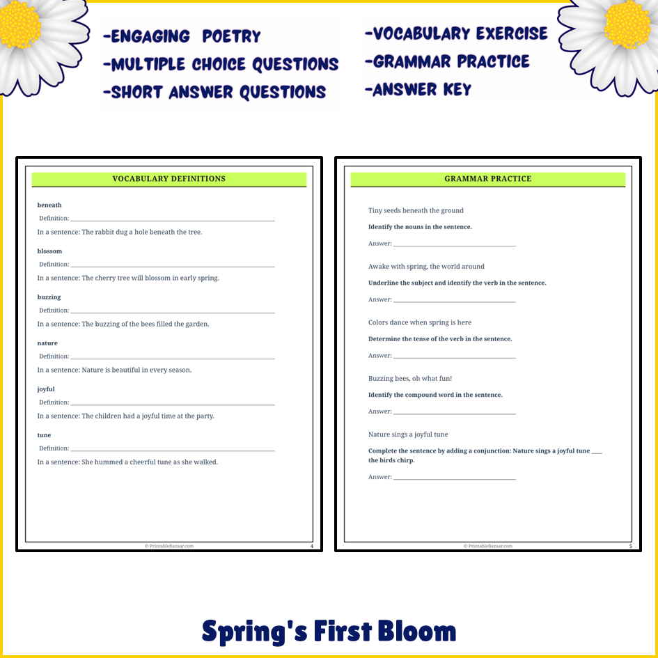 Spring's First Bloom | Poem Grammar Worksheet Printable Activity