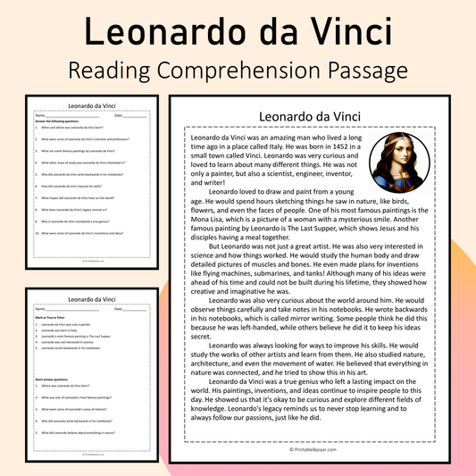 Leonardo da Vinci | Reading Comprehension Passage Printable Activity