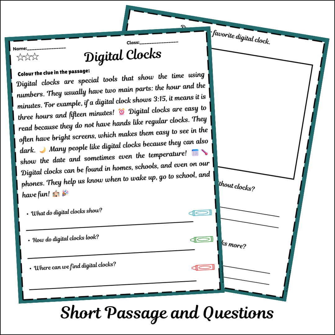Digital Clocks | Short Reading Comprehension Creative Worksheet