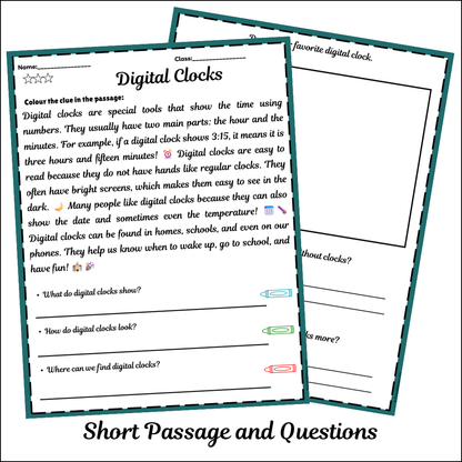 Digital Clocks | Short Reading Comprehension Creative Worksheet