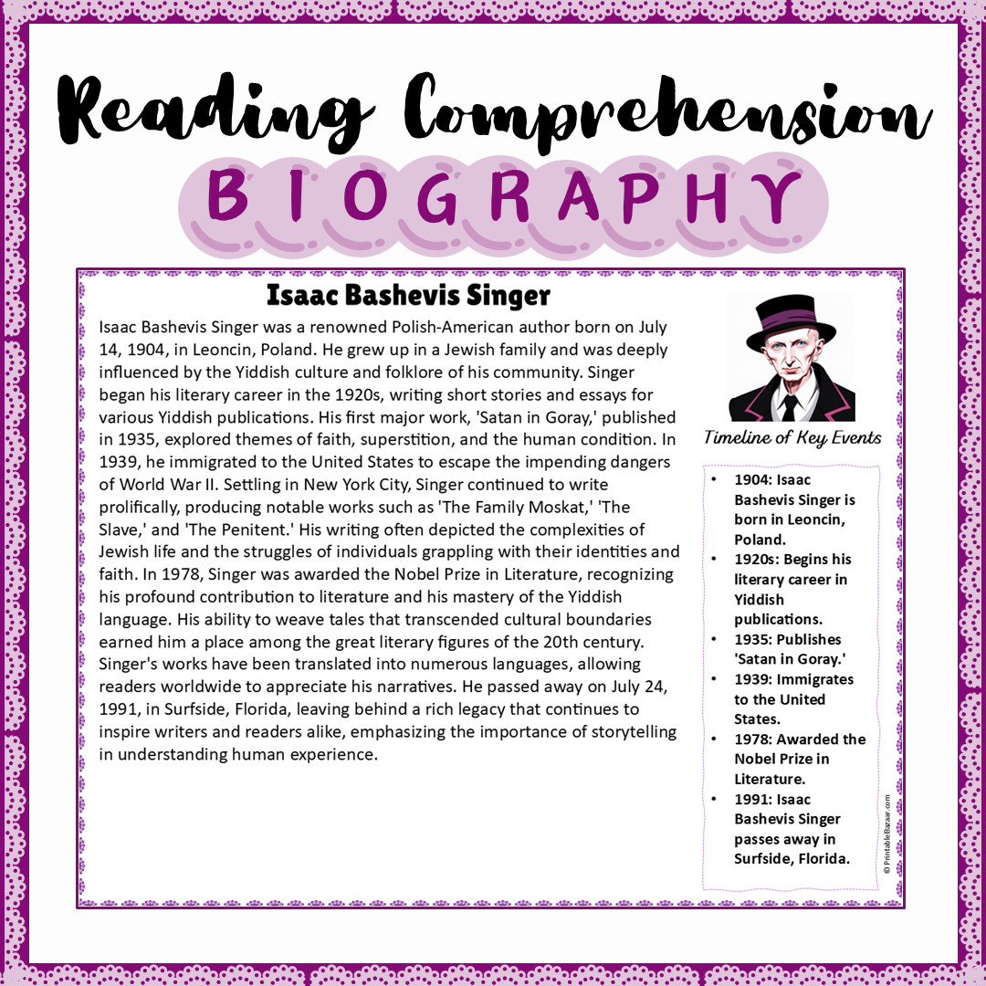 Isaac Bashevis Singer | Biography Reading Comprehension and Questions Worksheet