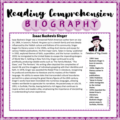 Isaac Bashevis Singer | Biography Reading Comprehension and Questions Worksheet