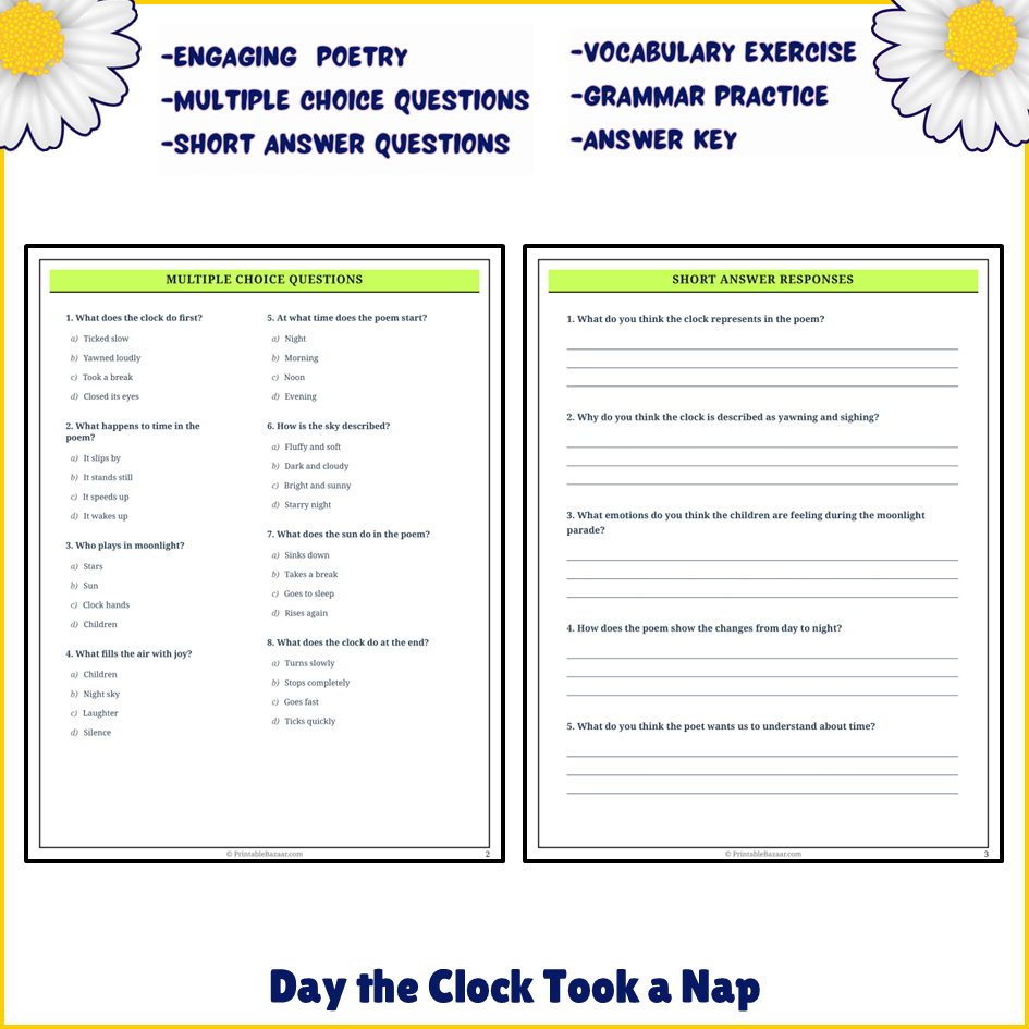 Day the Clock Took a Nap | Poem Grammar Worksheet Printable Activity