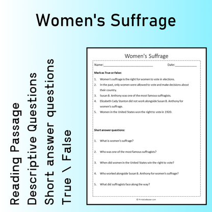 Women's Suffrage | Reading Comprehension Passage Printable Worksheet