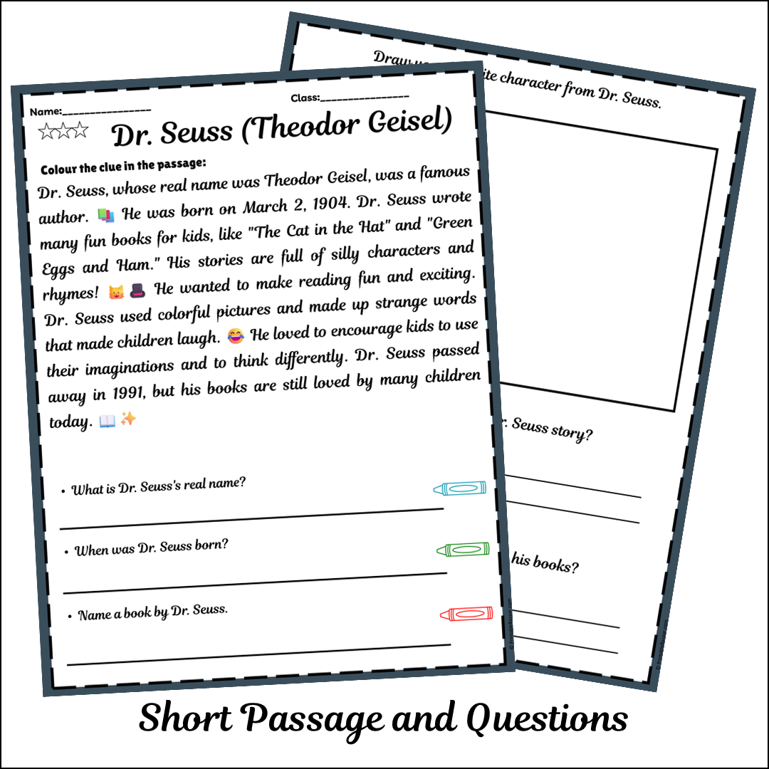 Dr. Seuss (Theodor Geisel) | Short Reading Comprehension Creative Worksheet