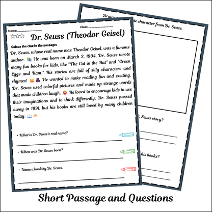 Dr. Seuss (Theodor Geisel) | Short Reading Comprehension Creative Worksheet