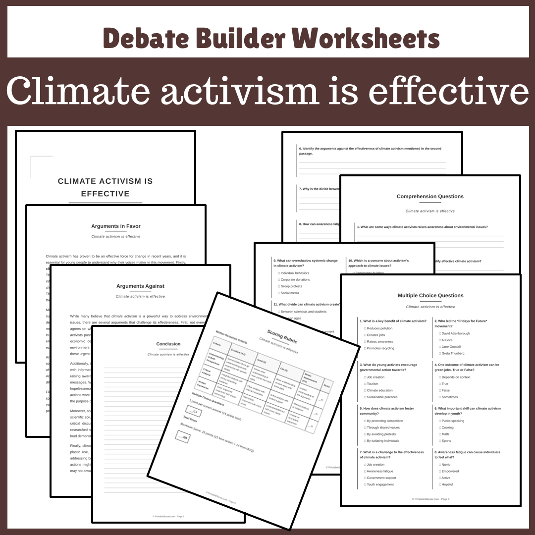 Climate activism is effective | Favour and Against Worksheet Printable Activity