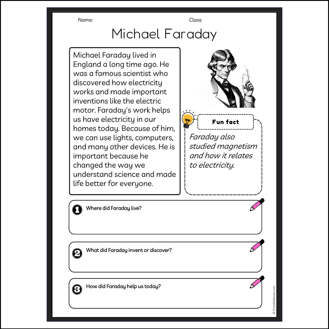 Michael Faraday | Reading Passage Comprehension Questions Writing Facts Worksheet