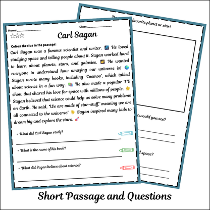 Carl Sagan | Short Reading Comprehension Creative Worksheet