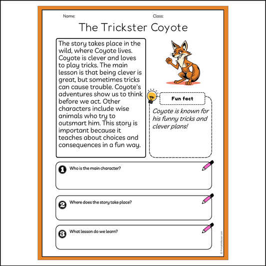 The Trickster Coyote | Reading Passage Comprehension Questions Writing Facts Worksheet