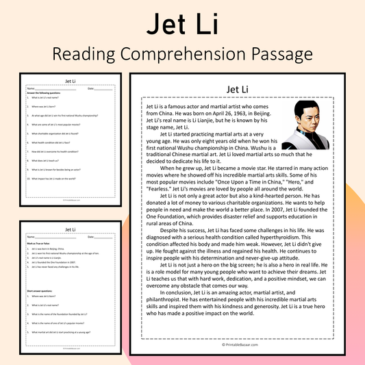 Jet Li | Reading Comprehension Passage Printable Activity