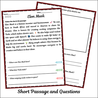 Elon Musk | Short Reading Comprehension Creative Worksheet