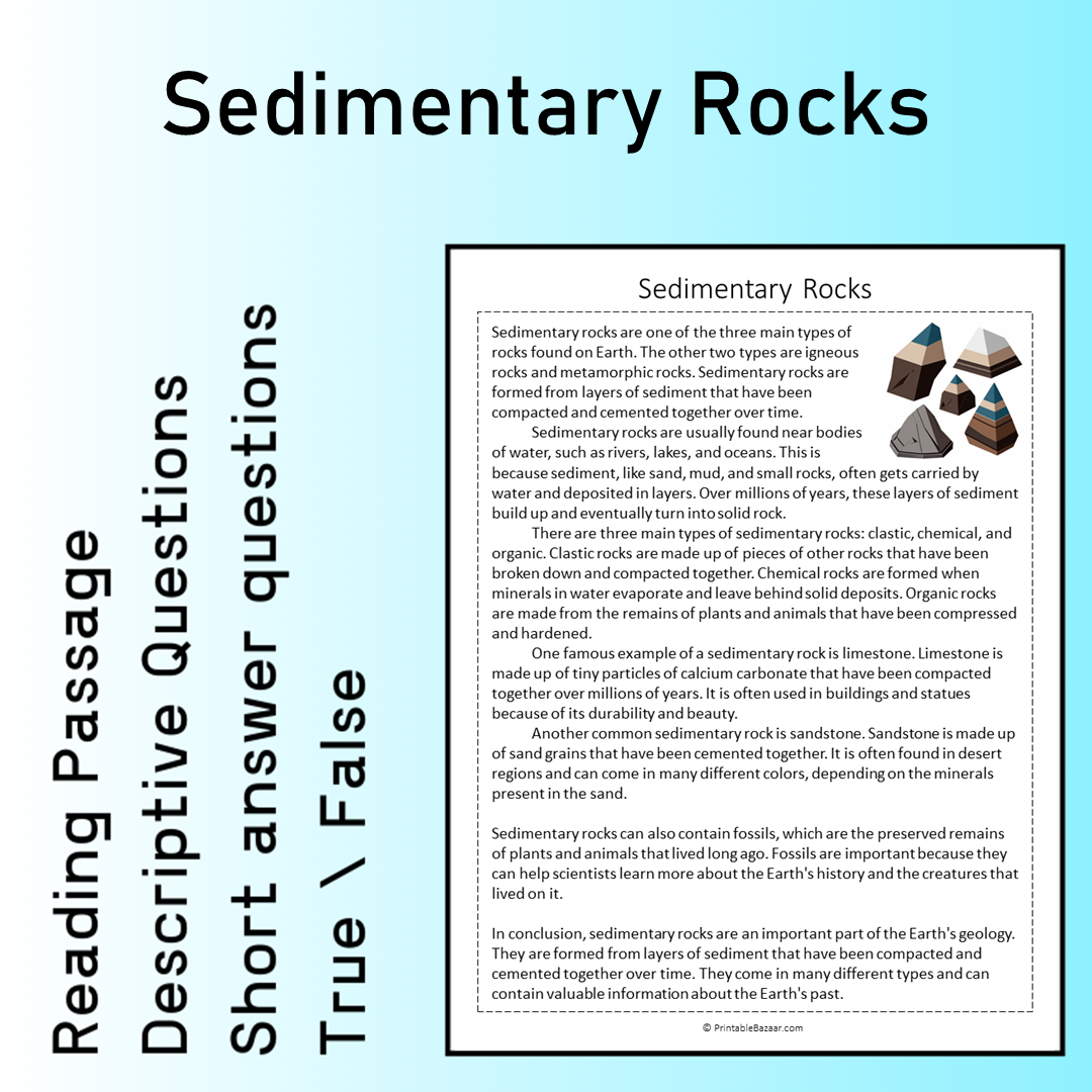 Sedimentary Rocks | Reading Comprehension Passage Printable Worksheet
