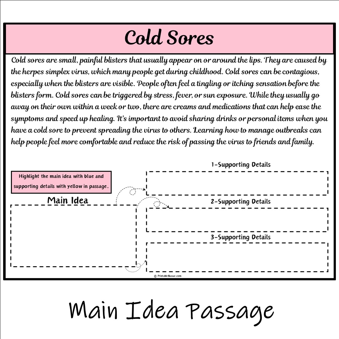 Cold Sores | Main Idea and Supporting Details Reading Passage and Questions