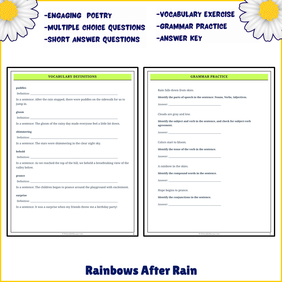 Rainbows After Rain | Poem Grammar Worksheet Printable Activity