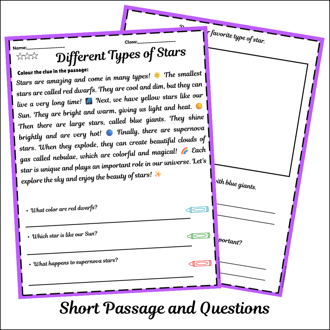 Different Types of Stars | Short Reading Comprehension Creative Worksheet