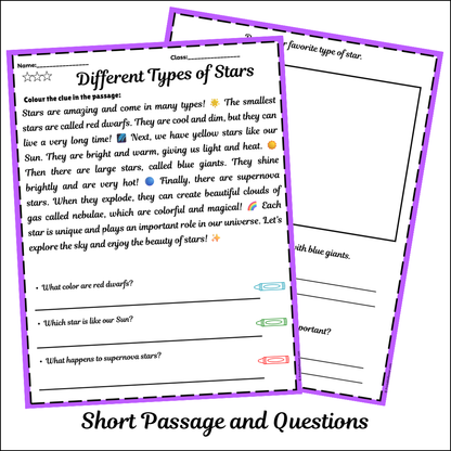 Different Types of Stars | Short Reading Comprehension Creative Worksheet